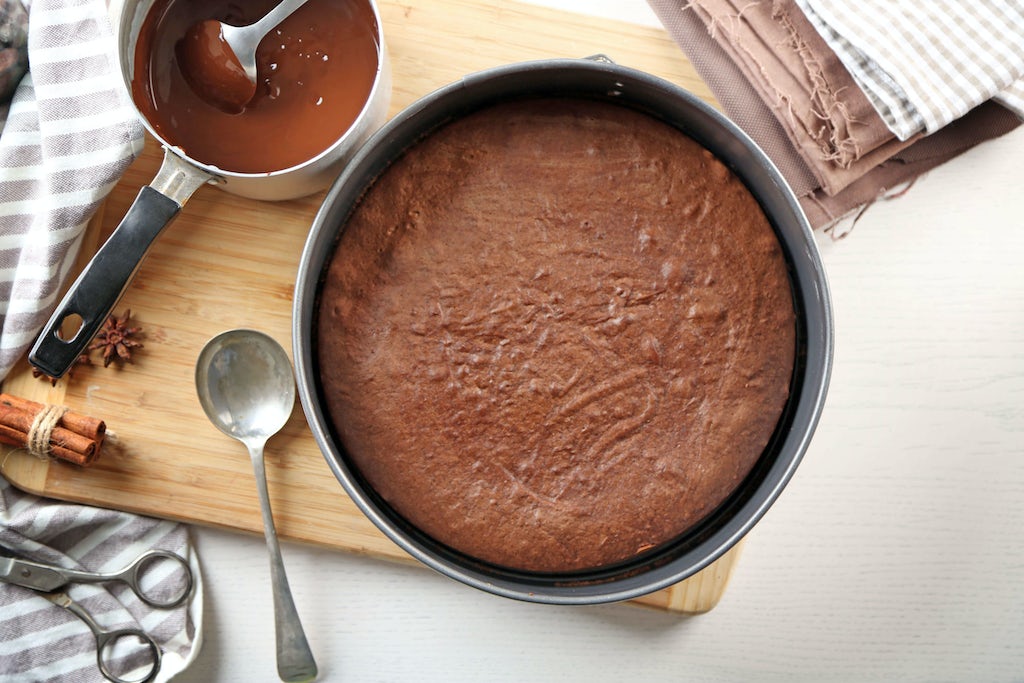 Baked chocolate cake in a pan